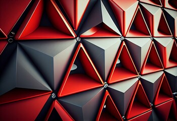 Triangular, 3D Wall background with tiles. Red, tile Wallpaper with Futuristic, Polished blocks. 3D Render. Generative AI