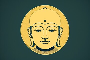 A flat illustration of the face of Buddha, with a serene expression, adorned with the Sanskrit Om Mani Padme made with Generative AI technology