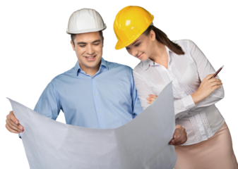 Two engineers male and female with blueprint isolated on white