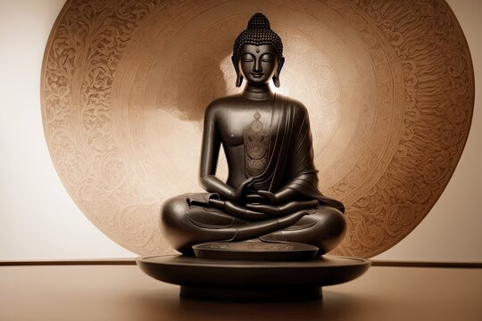 A flat illustration of the face of Buddha, with a serene expression, adorned with the Sanskrit Om Mani Padme made with Generative AI technology