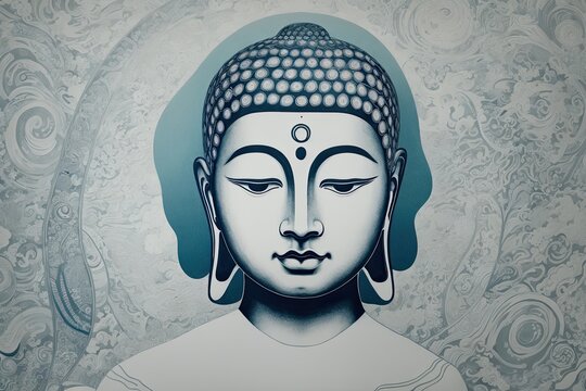 A flat illustration of the face of Buddha, with a serene expression, adorned with the Sanskrit Om Mani Padme made with Generative AI technology