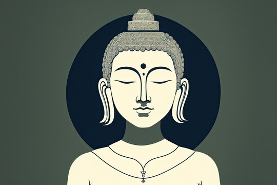 A flat illustration of the face of Buddha, with a serene expression, adorned with the Sanskrit Om Mani Padme made with Generative AI technology