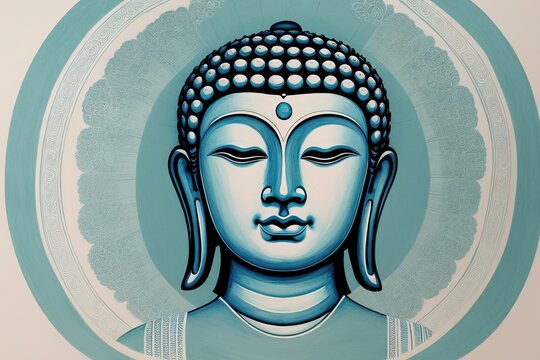 A flat illustration of the face of Buddha, with a serene expression, adorned with the Sanskrit Om Mani Padme made with Generative AI technology