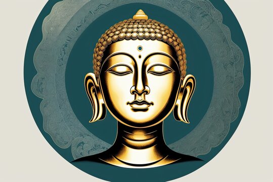 A flat illustration of the face of Buddha, with a serene expression, adorned with the Sanskrit Om Mani Padme made with Generative AI technology