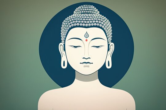 A flat illustration of the face of Buddha, with a serene expression, adorned with the Sanskrit Om Mani Padme made with Generative AI technology