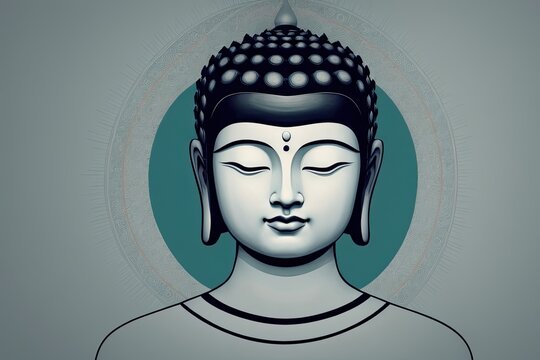 A flat illustration of the face of Buddha, with a serene expression, adorned with the Sanskrit Om Mani Padme made with Generative AI technology