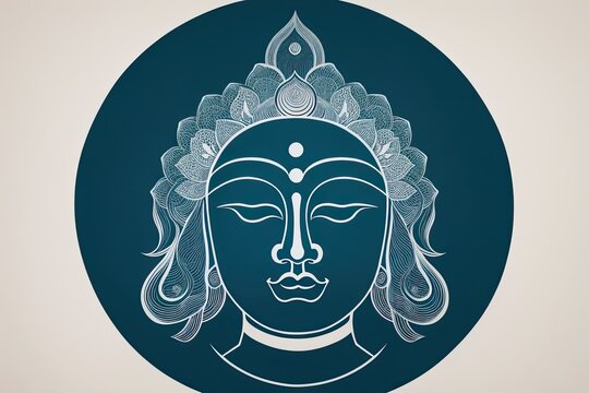 A flat illustration of the face of Buddha, with a serene expression, adorned with the Sanskrit Om Mani Padme made with Generative AI technology