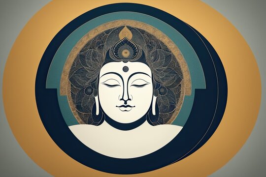 A flat illustration of the face of Buddha, with a serene expression, adorned with the Sanskrit Om Mani Padme made with Generative AI technology