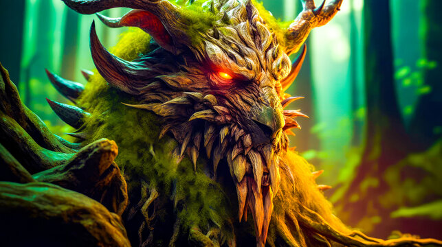 Creature with horns and glowing eyes in the middle of forest with trees. Generative AI.