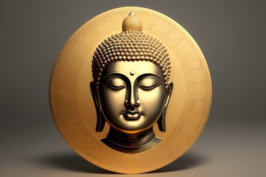 A flat illustration of the face of Buddha, with a serene expression, adorned with the Sanskrit Om Mani Padme made with Generative AI technology