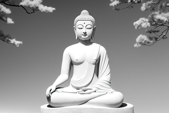 A flat illustration of the face of Buddha, with a serene expression, adorned with the Sanskrit Om Mani Padme made with Generative AI technology