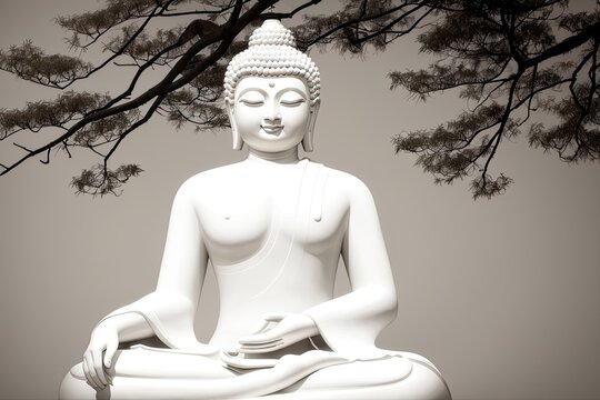 A flat illustration of the face of Buddha, with a serene expression, adorned with the Sanskrit Om Mani Padme made with Generative AI technology