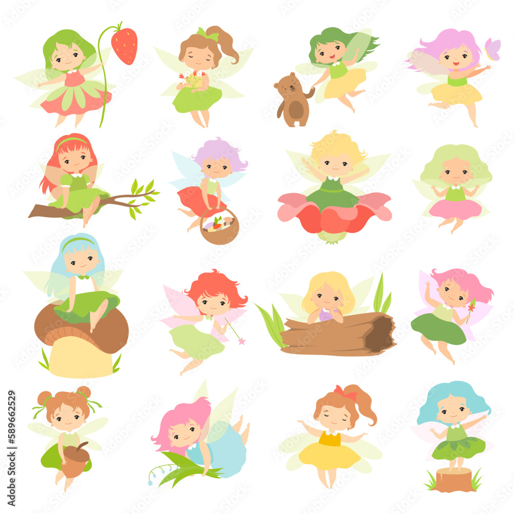 Poster Little Fairy or Pixie with Wings as Woodland Nymph Big Vector Set