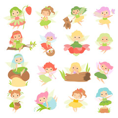 Little Fairy or Pixie with Wings as Woodland Nymph Big Vector Set