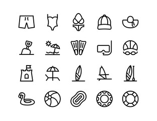 Beach and activities icon set with adjustable line weight	