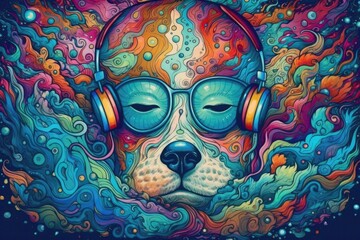 Fototapeta na wymiar Cartoon portrait of a dog with funny glasses and headphones made of lots of colors. Generative ai illustration