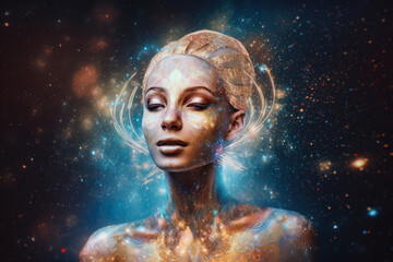 Fototapeta premium Glittering Goddess in a Shimmering Cosmic World, generative ai