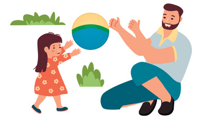 Fototapeta na wymiar Dad plays ball with his daughter. Happy smiling characters have fun together. Relatives in summer clothes. Parent and child in active poses.Vector flat style cartoon illustration on white background.