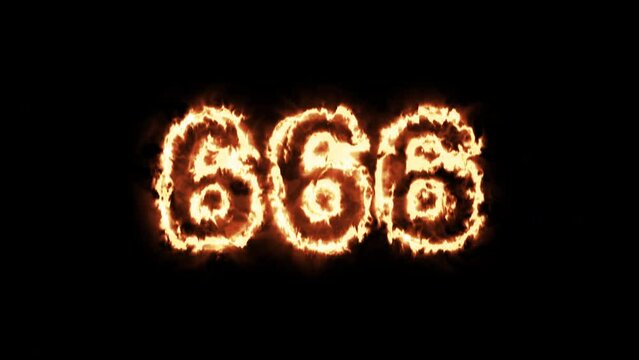 number 666 on fire animation. flame video 4K