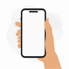 Holding phone in hand. Empty screen, phone mockup. Editable smartphone template vector illustration on isolated background. Application on touch screen device. Learning or booking online concept. 