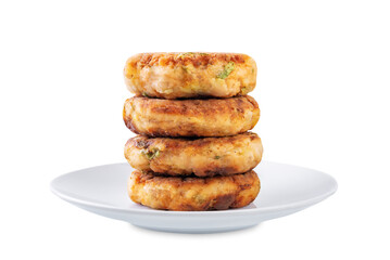 Salmon potato cakes on a white isolated background