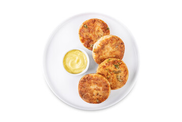 Salmon potato cakes on a white isolated background