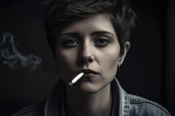 Obraz premium Gritty portrait of a woman with short hair, wearing a denim jacket and a band t-shirt, with a cigarette hanging from her lips, generative ai