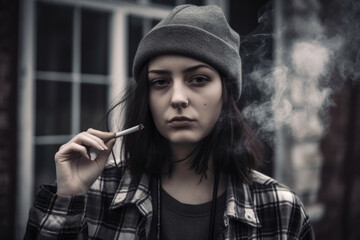 Grunge-inspired portrait of a woman with dark hair, dressed in a plaid shirt and beanie, with a cigarette in hand and a serious expression on her face, generative ai