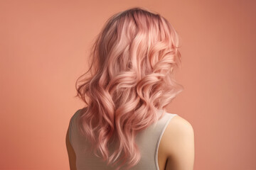 Fototapeta premium Closeup back view of a woman's head with beautiful hair in loose pink color on a pastel beige color, fashion and beauty concept. Generative AI.