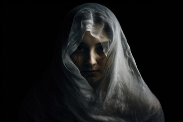 Fototapeta na wymiar haunting portrait of a woman with a veil, symbolizing mystery, intrigue, and hidden identity, generative ai