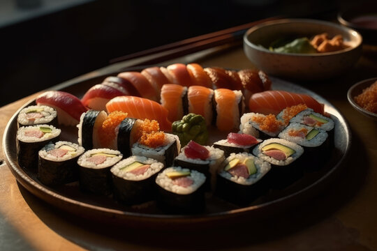 Tasty and beautiful sushi plate from the best sushi restaurant, the concept of eating tasty food, suchi food. Generative AI.