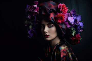 Fototapeta premium High Couture Fashion Portrait of a Woman with Floral Headpiece, generative ai