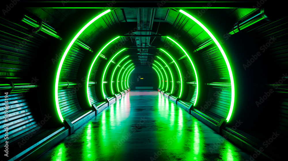 Sticker tunnel with neon lights in the middle of the tunnel is lit up. generative ai.