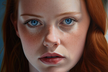 Hyperrealistic portrait of a young woman with bright blue eyes and auburn hair gazing directly at the viewer, generative ai