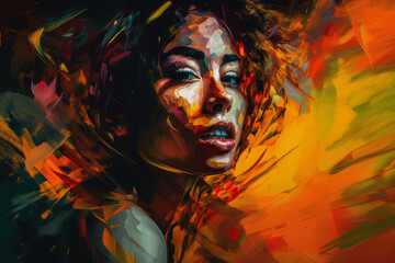 Fototapeta na wymiar Intense and fiery portrait of a woman with a fierce expression, highlighted by bold strokes of contrasting colors and set against a background of warm hues, generative ai