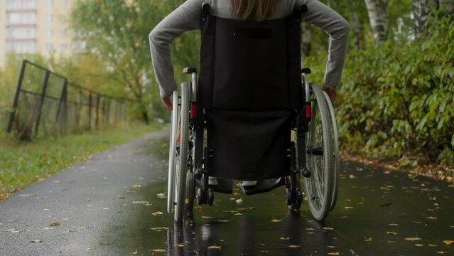 Woman with spinal cord injury turns large wheels of wheelchair moving along asphalt road near old rickety mesh fence. Walk in sanatorium park backside view