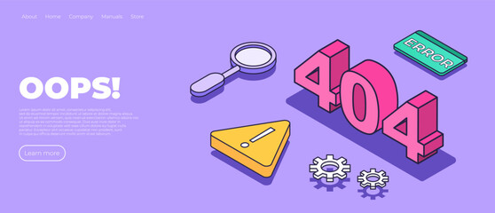 404 isometric page. Landing page template with 404 error. No internet connection. Concept of technical error, page not found, online service notification