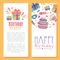 Happy Birthday Square Card with Cake, Gift Box and Firecracker Vector Template