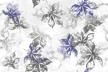 Seamless pattern of tree leaf prints. Textural watercolor aesthetic.  Chestnut leaves on watercolor monochrome background. Plant silhouette stamp. Wallpaper, modern style, fabric, textile, packaging