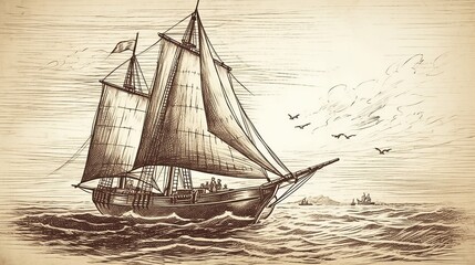 Drawing sketch vintage ship sailboat Generative AI
