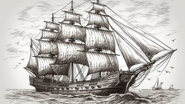 Pirate Ship Line Drawing Original Art - Etsy