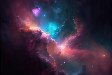 Obraz na płótnie Canvas Space background with purple nebula and stars, deepsky astrography. Cosmic purple light background. AI generative.