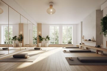 interior of a yoga room with large windows