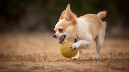 A Chihuahua playing with a ball