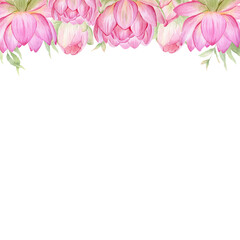 Pink flowers lotus. Watercolor illustration. A frame of lotus flowers. Wreath of chinese water lily. Design for invitations, save the date, cards other items.