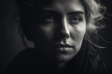Moody portrait of a woman with strong and expressive features in monochromatic style, generative ai