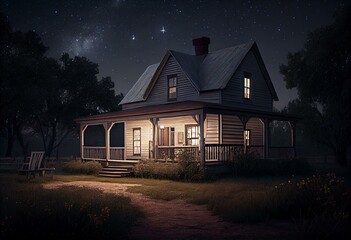 Rustic Country Cottage with Wraparound Porch under Starry Sky, generative ai