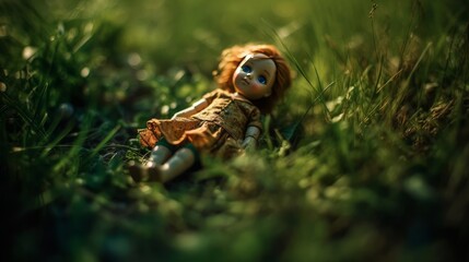 Naklejka na ściany i meble A sad doll left alone in the grass on a summer day. Generative AI. 