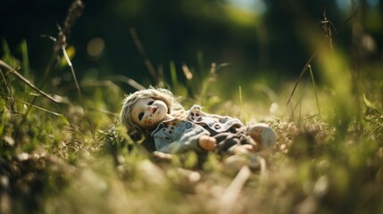 Fototapeta premium A sad doll left alone in the grass on a summer day. Generative AI. 