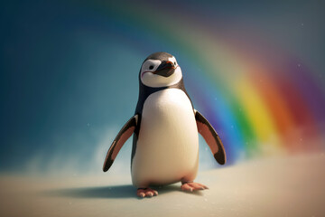 Fototapeta premium penguin set against a whimsical rainbow background with ample copyspace (created with Generative AI)